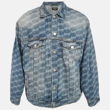 Pre Owned Balenciaga Unifit Blue Logo Pattern Denim Oversized Jacket S