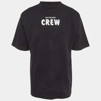 Pre Owned تي شيرت بالنسياغا قطن أسود بطباعة الطاقم واسع مقاس صغير (سمول)