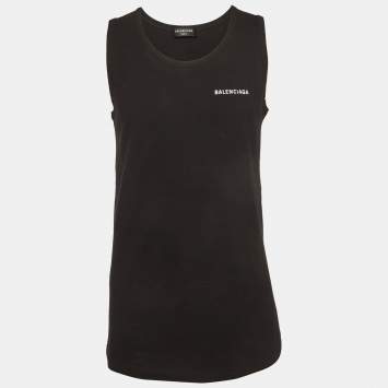 مملوكة مسبقًا Balenciaga Black Logo Embroidered Cotton Knit Tank Top XS