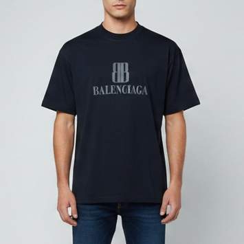 Pre Owned Balenciaga MIdnight Blue Nano BB Logo Cotton Unisex Crew Neck T-Shirt M