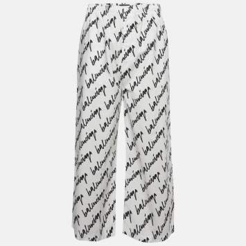 Pre Owned Balenciaga White Logo Print Poplin Trousers XL