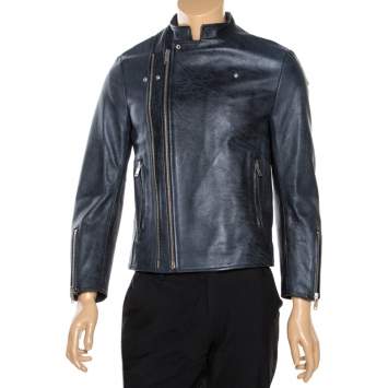 Pre Owned Balenciaga Navy Blue Leather Biker Jacket M