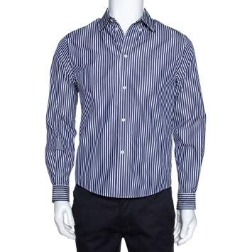 Pre Owned Balenciaga Navy Blue Logo Print Striped Cotton Shrunken Shirt M