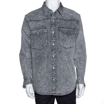 Pre Owned Balenciaga Grey Acid Washed Denim Distressed Cuff Detail Shirt L
