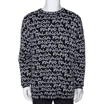 Pre Owned Balenciaga Monochrome Logo Intarsia Knit Crew Neck Jumper M