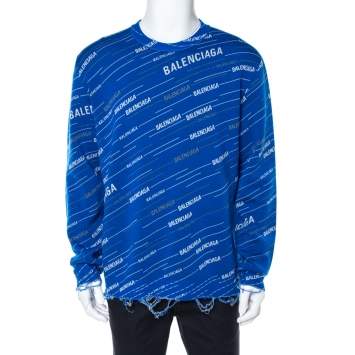 Pre Owned Balenciaga Blue Logo Wool Knit Distressed Sweatshirt M