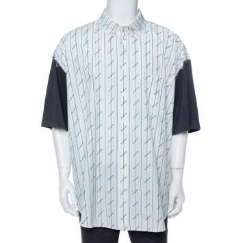 Pre Owned Balenciaga White Cotton Allover Logo Patch Short Sleeve Oversized Shirt XXL