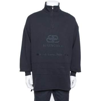 Pre Owned Balenciaga Dark Grey Cotton Logo Embroidered Drop Shoulder Oversized Sweatshirt M