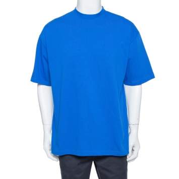 Pre Owned Balenciaga Blue Cotton Logo Printed Crewneck T-Shirt M