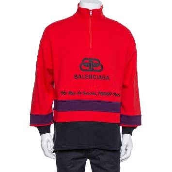 Pre Owned Balenciaga Red Cotton BB Address Embroidered Ski Sweater XS