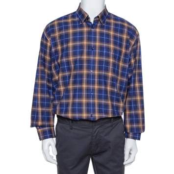 Pre Owned Balenciaga Blue Logo Print Checked Cotton Flannel Oversized Shirt M 