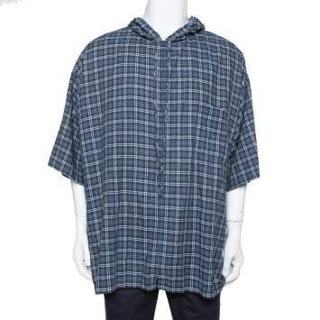 Pre Owned Balenciaga Navy Blue Plaid Flannel Oversized Hooded Jacket XXS