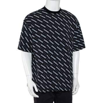 Pre Owned Balenciaga Black Logo Printed Cotton Crewneck T-Shirt M