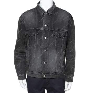Pre Owned Balenciaga Grey Logo Printed Denim Distressed Collar Detail Jacket M
