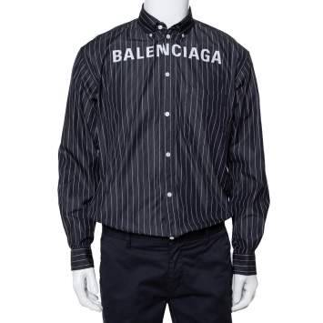 Pre Owned Balenciaga Black Striped Cotton Logo Embroidered Button Front Shirt S