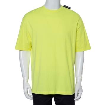Pre Owned Balenciaga Neon Yellow Cotton Logo Patch Detail Crewneck T-Shirt L