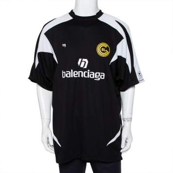 Pre Owned Balenciaga Black Logo Printed Jersey Paneled Soccer T-Shirt M