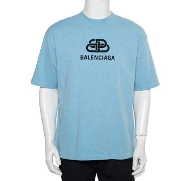 Pre Owned Balenciaga Blue Cotton Crewneck Logo Print T-Shirt M