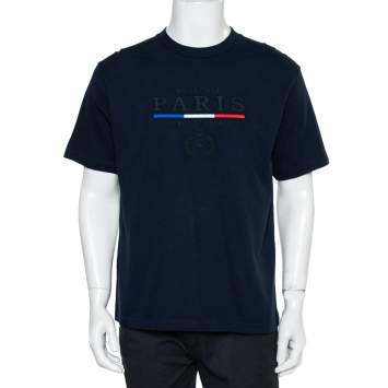 Pre Owned Balenciaga Navy Blue Cotton Crewneck Logo Embroidered T-Shirt S