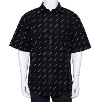 Pre Owned Balenciaga Black Cotton All Over Logo Printed Oversized Shirt L