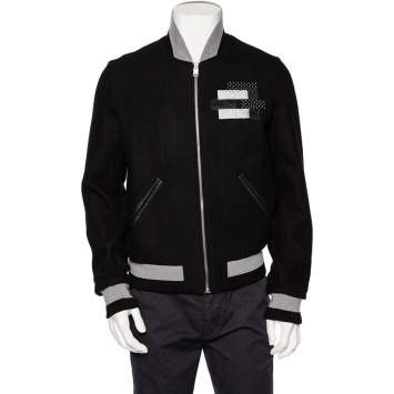 Pre Owned Balenciaga Black Stretch Wool Applique Detail Bomber Jacket L