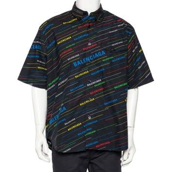 Pre Owned Balenciaga Navy Blue Allover Logo Printed Cotton Frayed Short Sleeve Shirt L