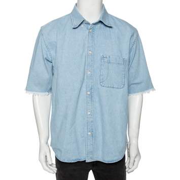 Pre Owned Balenciaga Blue Denim Frayed Detail Button Front Shirt S