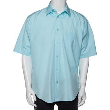 Pre Owned Balenciaga Light Blue Cotton Logo Print Detailed Short Sleeve Oversized Shirt S