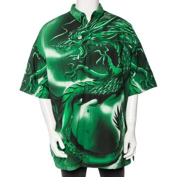 Pre Owned Balenciaga Green Bal Dragon Printed Cotton Padded Oversized Shirt S