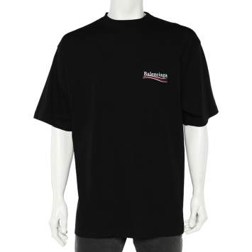 Pre Owned Balenciaga Black Cotton Logo Embroidered Crewneck Oversized T-Shirt M