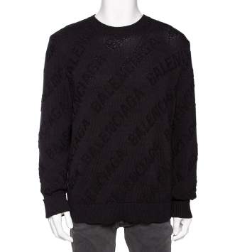 Pre Owned Balenciaga Black Logo Jacquard Cotton Oversized Sweater M