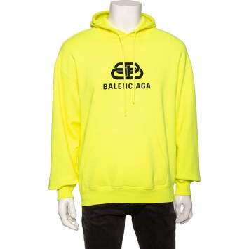 Pre Owned Balenciaga Neon Yellow Cotton Logo Printed Oversized Hoodie M