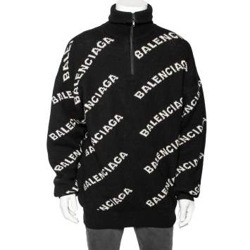 Pre Owned Balenciaga Black Allover Logo Wool & Camel Knit Oversized Sweater L
