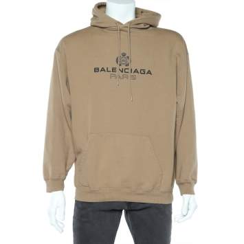 Pre Owned Balenciaga Light Brown Logo Printed Cotton Knit Hoodie L