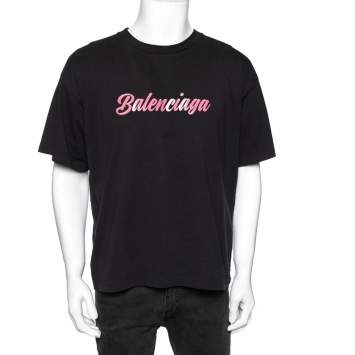 Pre Owned Balenciaga Black Cotton Logo Printed Crew Neck T-shirt L