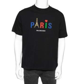 Pre Owned Balenciaga Black Paris Eiffel Tower Printed Cotton Oversized Crew Neck T-Shirt M