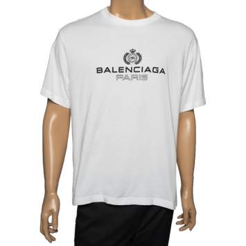 Pre Owned Balenciaga White Cotton Logo Printed Crew Neck T-Shirt L