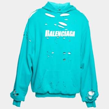 Pre Owned Balenciaga Blue Logo Distressed Cotton Sweatshirt Hoodie M