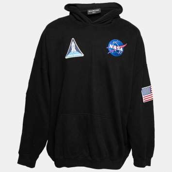 Pre Owned Balenciaga Black Cotton Space Appliquéd Oversized Hoodie M