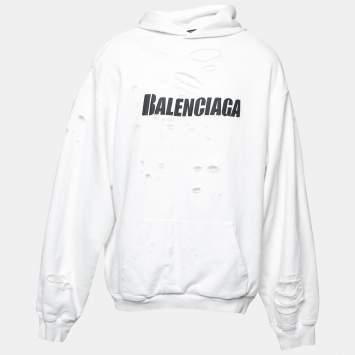 Pre Owned Balenciaga White Logo Distressed Cotton Sweatshirt Hoodie M