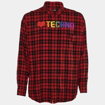 Pre Owned Balenciaga Red Plaid 'I Love Techno' Embroidered Oversized Shirt S