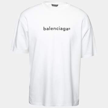 Pre Owned Balenciaga White Cotton Logo Printed Short Sleeve T-Shirt M