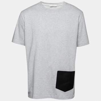Pre Owned Balenciaga Grey Leather Pocket Detail Cotton T-Shirt XL