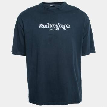 Pre Owned Balenciaga Navy Blue Logo Embroidered Cotton T-Shirt S