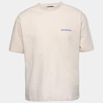 Pre Owned Balenciaga Cream Cotton Logo Printed Crewneck T Shirt M