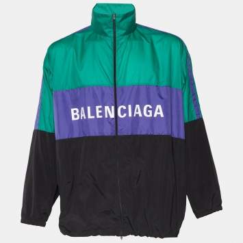 Pre Owned Balenciaga Color Block Logo Printed Synthetic Oversized Jacket XS