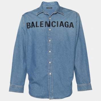 Pre Owned Balenciaga Blue Denim Logo Embroidered Oversized Shirt M