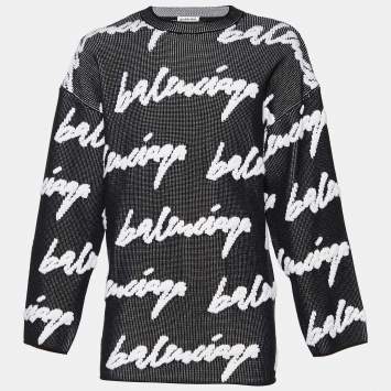 Pre Owned Balenciaga Black Logo Intarsia Knit Oversized Sweater L