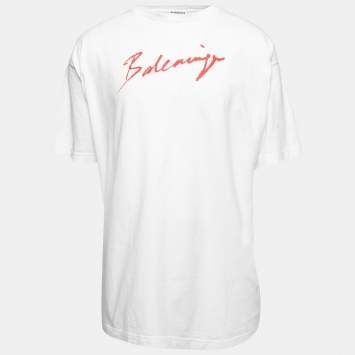 مملوكة مسبقًا Balenciaga White Cotton Logo Printed Oversized T-Shirt S