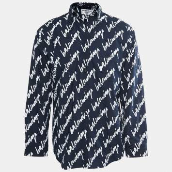 Pre Owned Balenciaga Midnight Blue Cotton All Over Logo Printed Oversized Shirt XS
